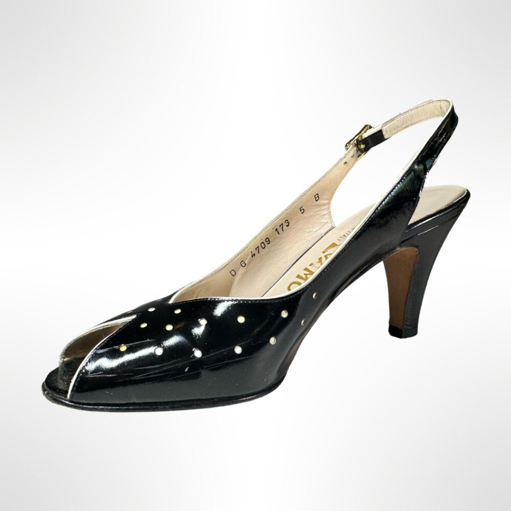 Ferragamo Black Leather Peep Toe Slings, Size 5, very good condition